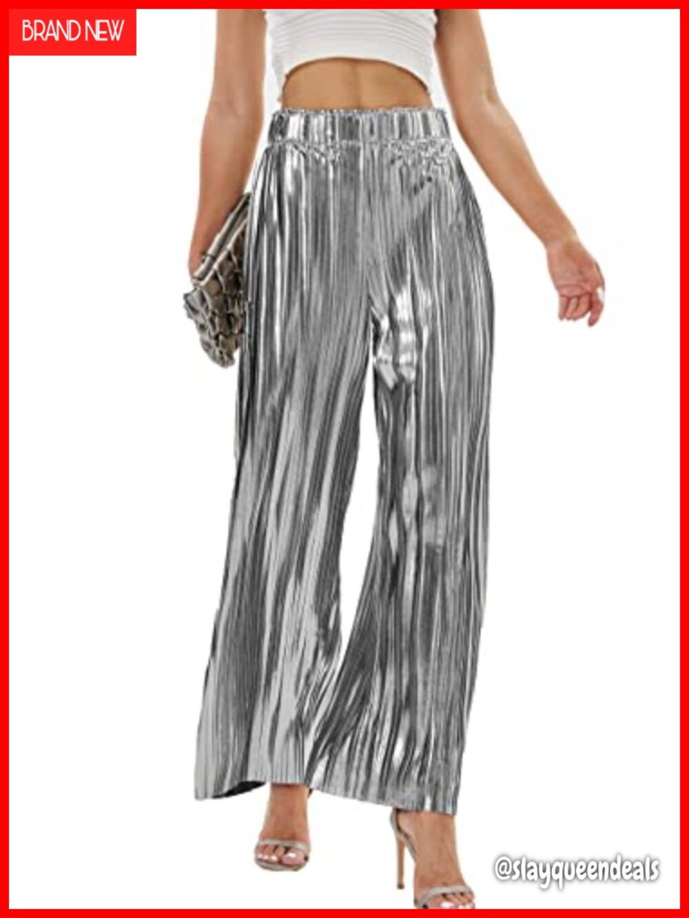 Women's Shiny Pleated Wide Leg High Waist Palazzo Trousers Night Out Party